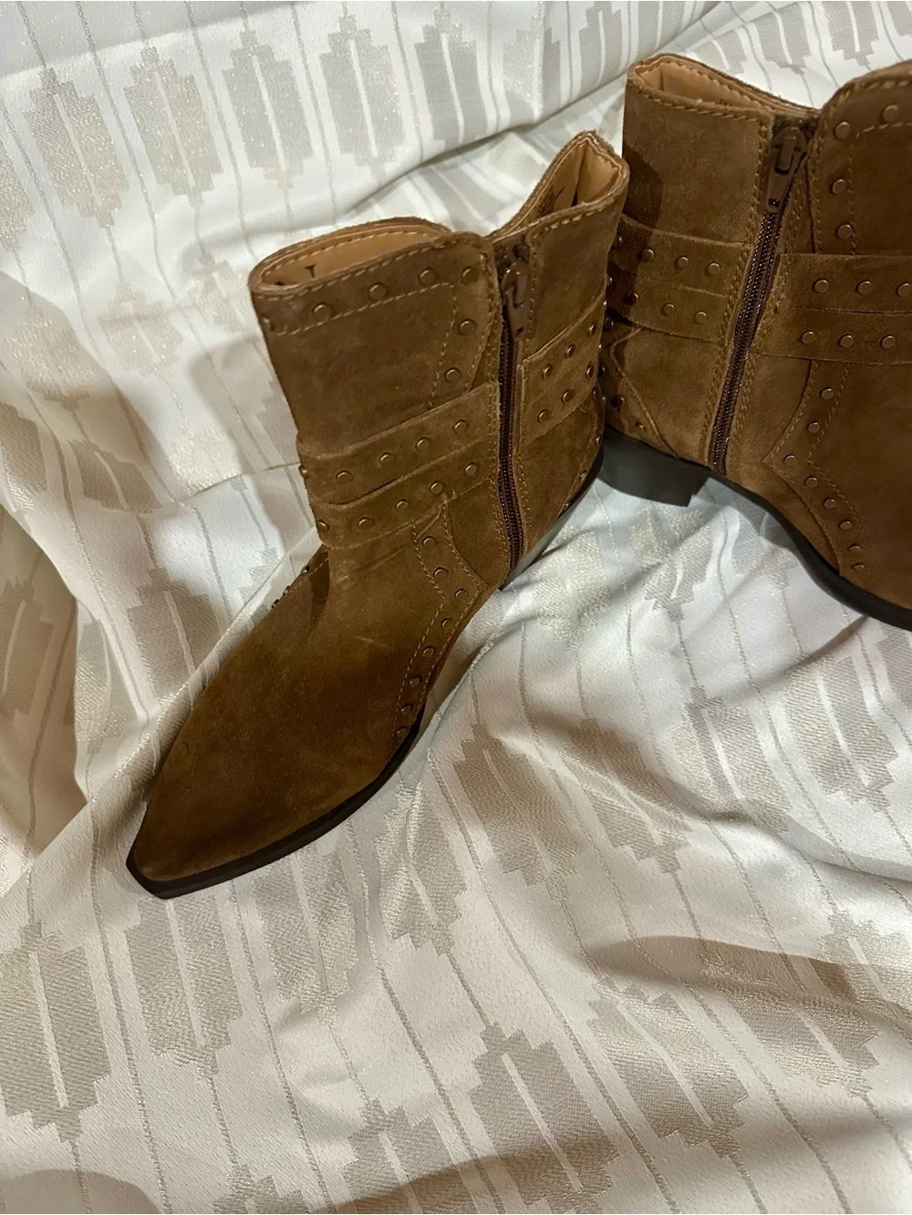 Crown Vintage Tan Suede Studded Ankle Boots with Buckle - Picture 4 of 6